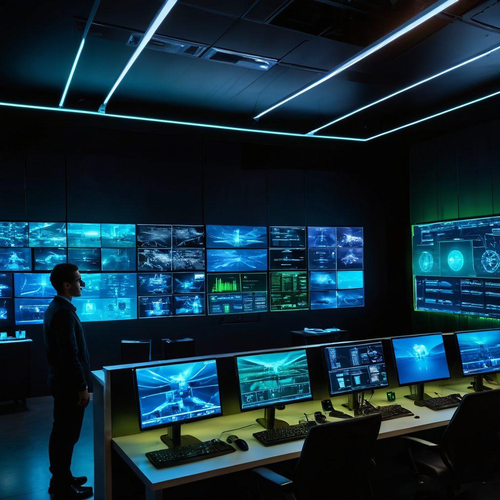A high-tech surveillance room filled with futuristic screens displaying live feeds from drones and cameras, showcasing advanced threat detection algorithms in action. Include a diverse team of analysts collaborating around a holographic display, integrating innovative technology with human insight. The room is illuminated with blue and green neon lights, representing a blend of security and innovation. super-realistic. vibrant colors. high-tech ambiance.