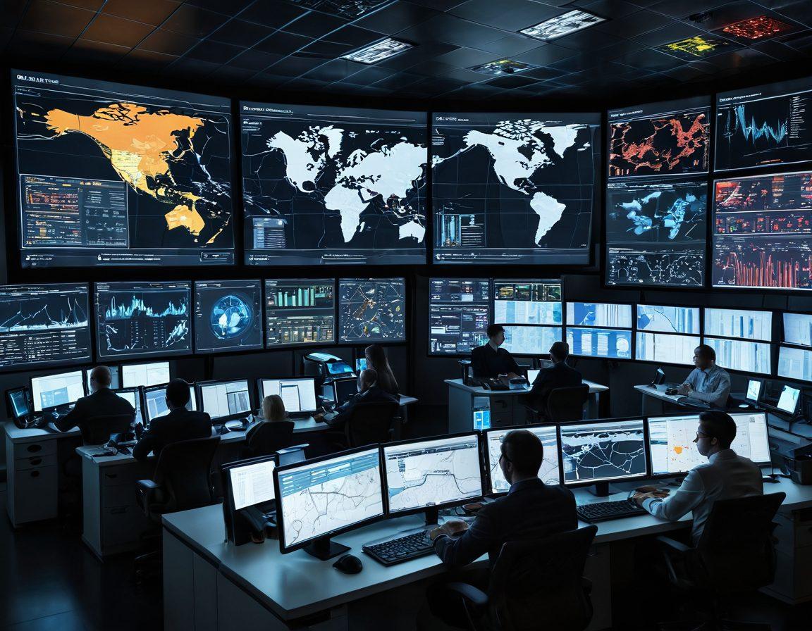 A digital illustration depicting an elaborate control room filled with screens displaying graphs, maps, and threat detection metrics, with a diverse team analyzing data. The room is dimly lit, focusing on the bright lights of the screens. A large map on the wall highlights various risk zones. Include a sense of urgency and teamwork, emphasizing the strategies for effective risk assessment. futurist, super-realistic, vibrant colors.
